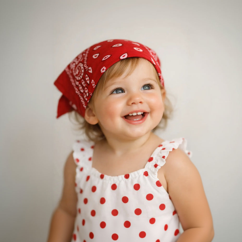 Child wearing a red bandana and white dress with red polka dots against a plain background