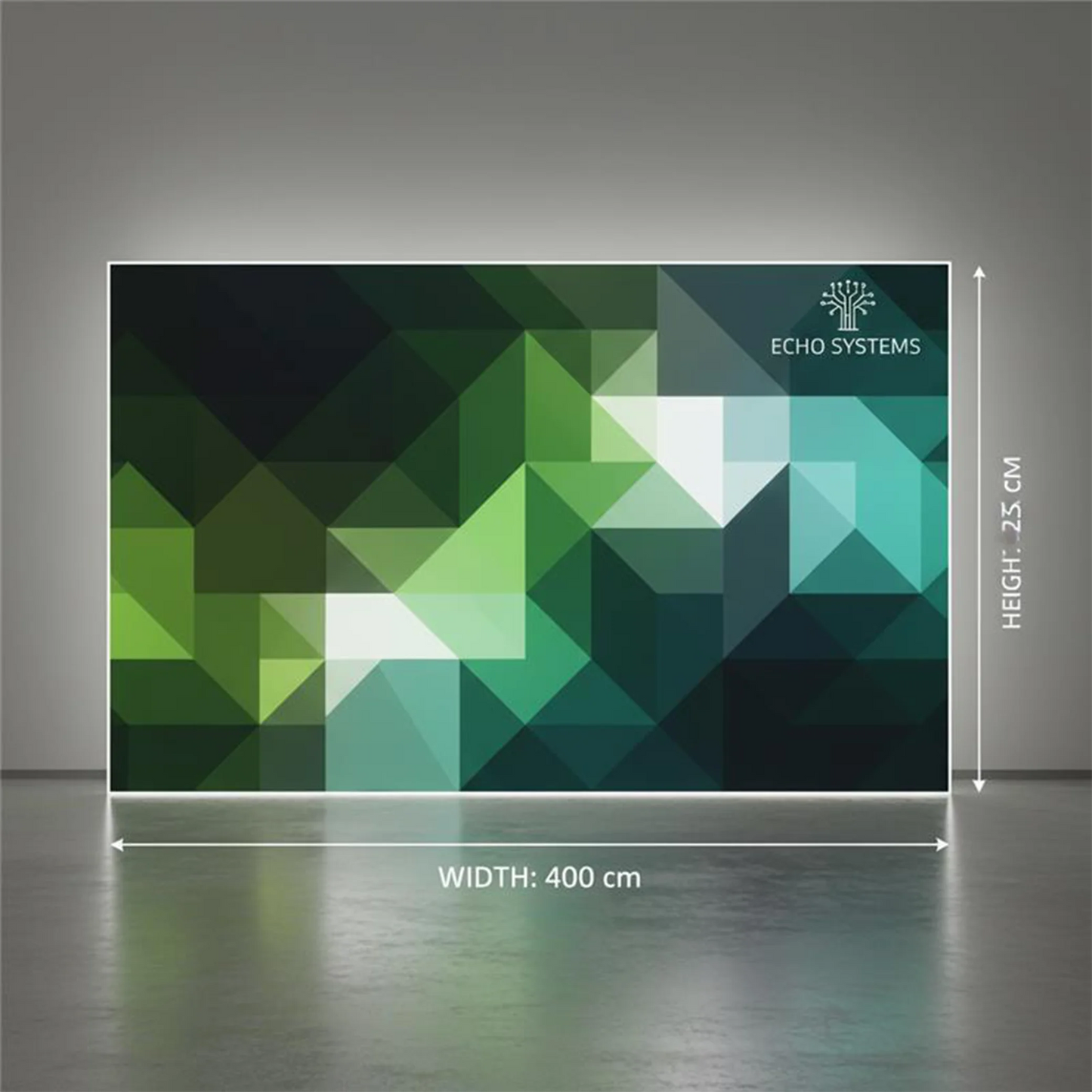 Large backlit display with geometric design and Echo Systems branding, showing dimensions.