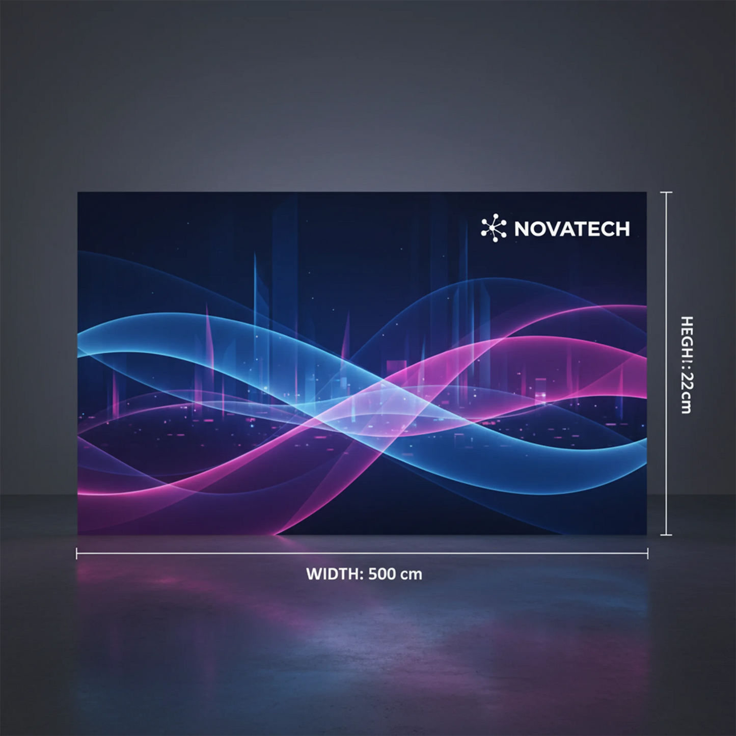 Novatech backlit display panel with colorful wave design on a dark background