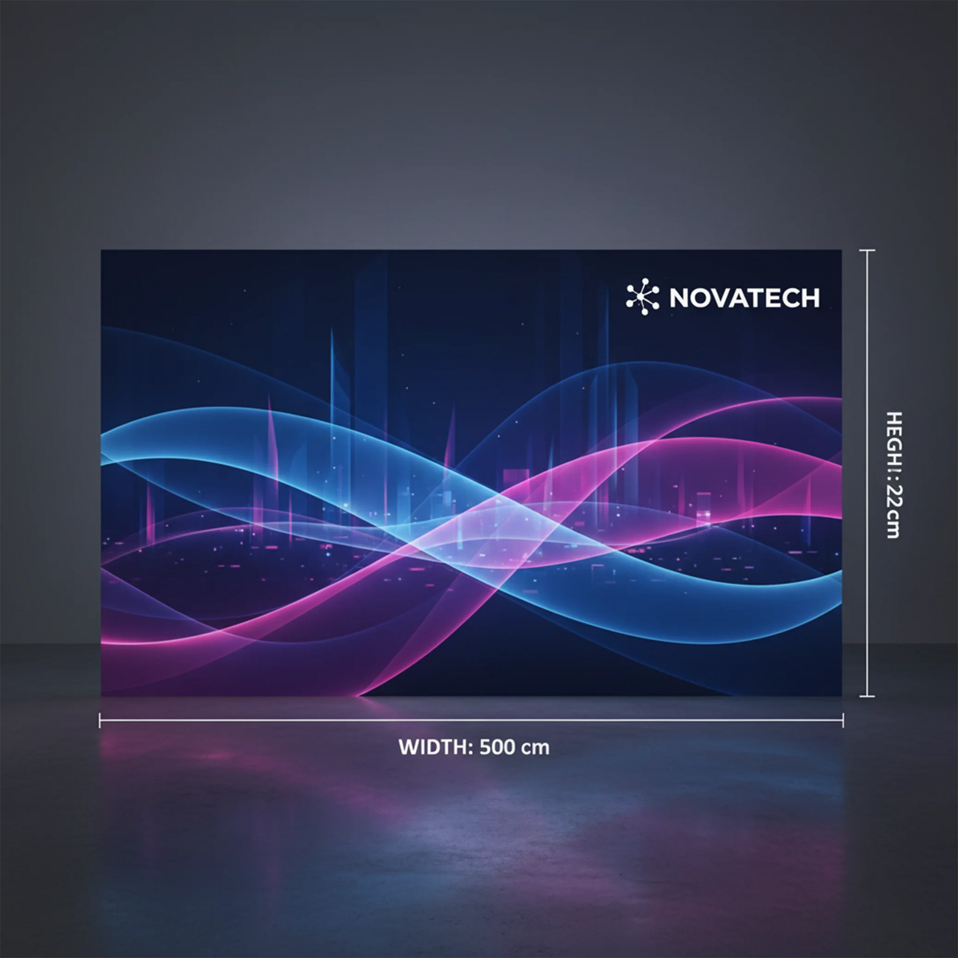 Novatech backlit display panel with colorful wave design on a dark background