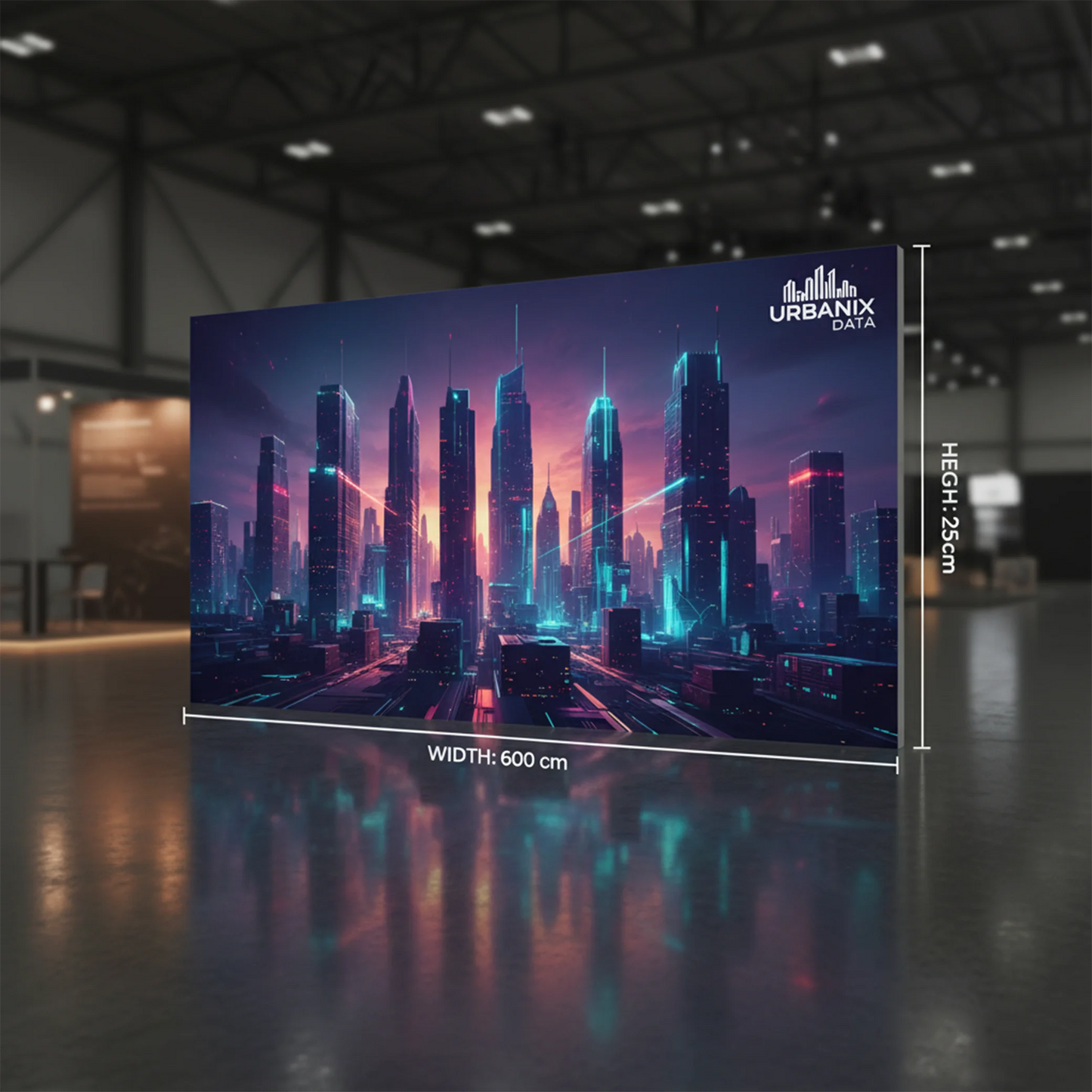Large backlit backdrop display with a futuristic cityscape design in a warehouse setting, featuring the brand Urbanix.