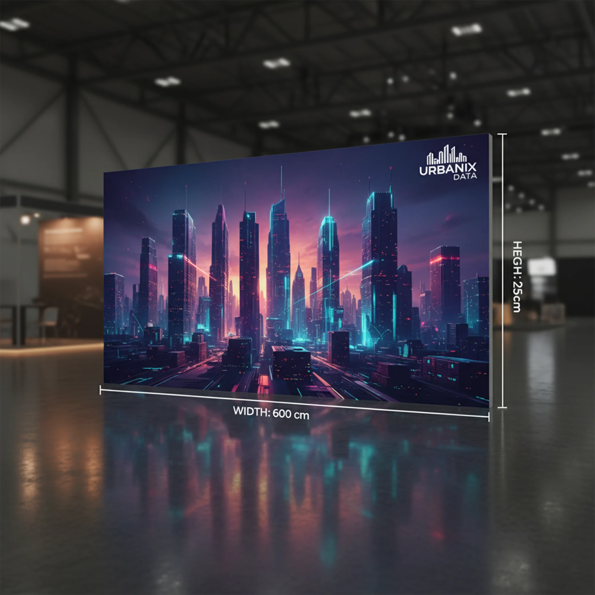 Large backlit backdrop display with a futuristic cityscape design in a warehouse setting, featuring the brand Urbanix.
