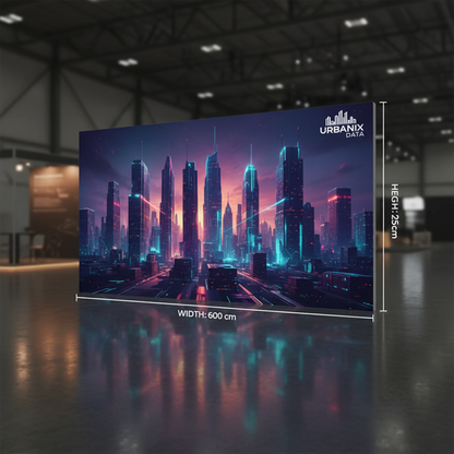 Large backlit backdrop display with a futuristic cityscape design in a warehouse setting, featuring the brand Urbanix.