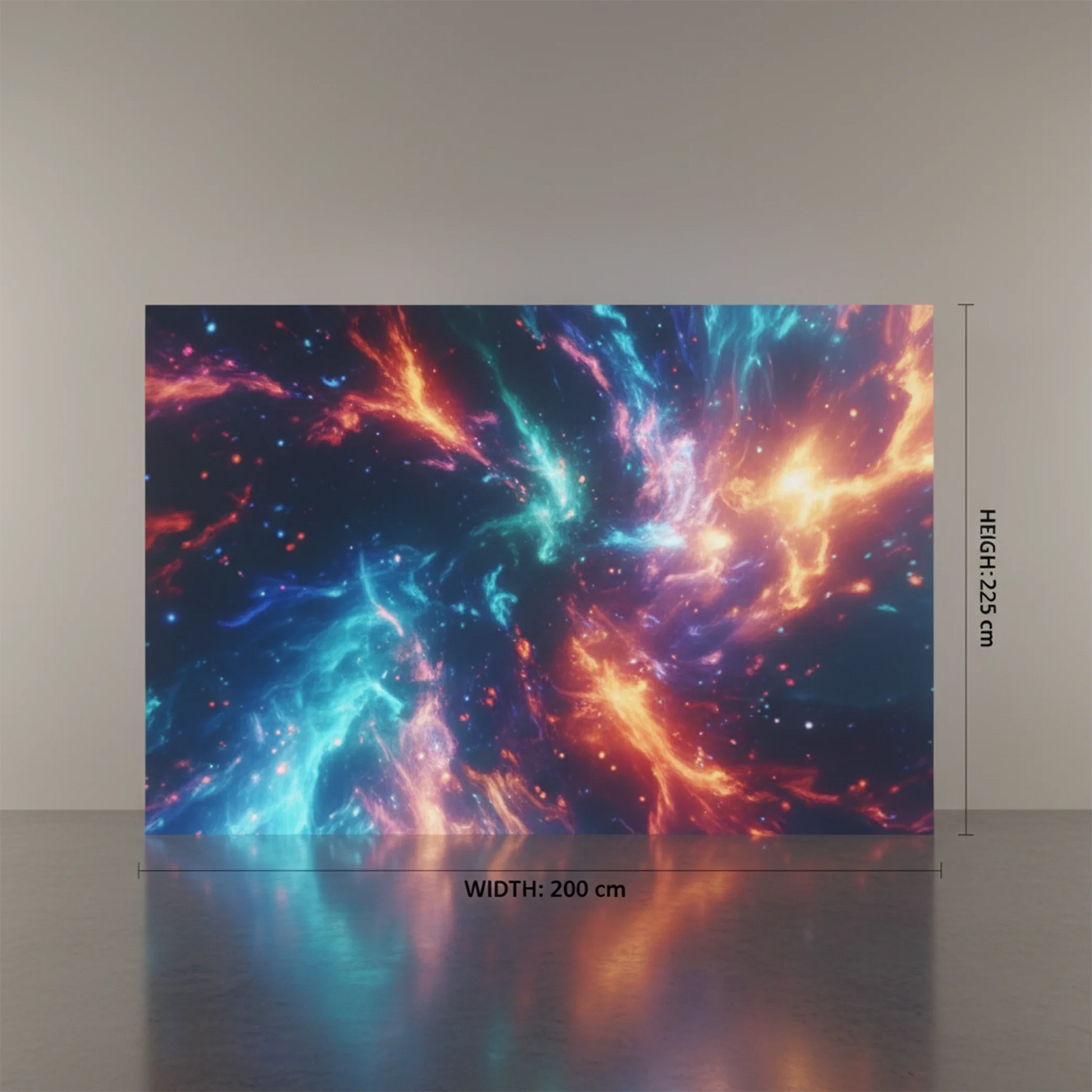 Colorful abstract design on a backlit backdrop with dimensions indicated.