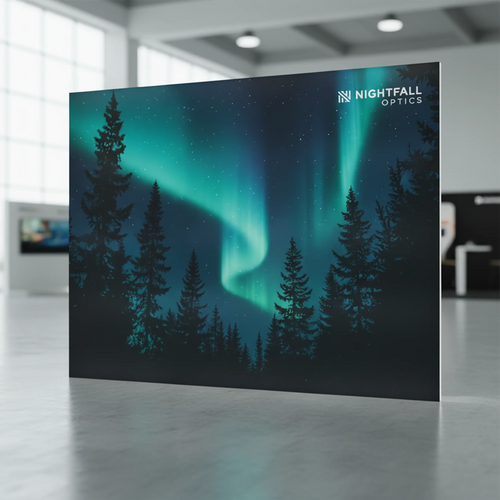Backlit backdrop display of the Northern Lights and trees branded 'Nightfall Optics'.