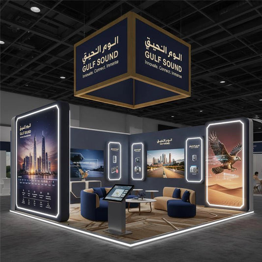 Gulf Sound exhibition booth with digital displays and branding
