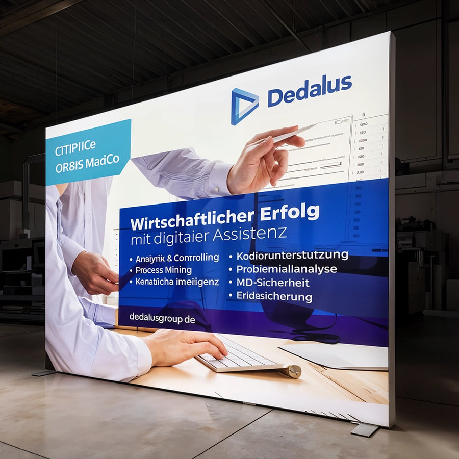 A professional display backdrop featuring a presentation on a screen with text and graphics, set up indoors.