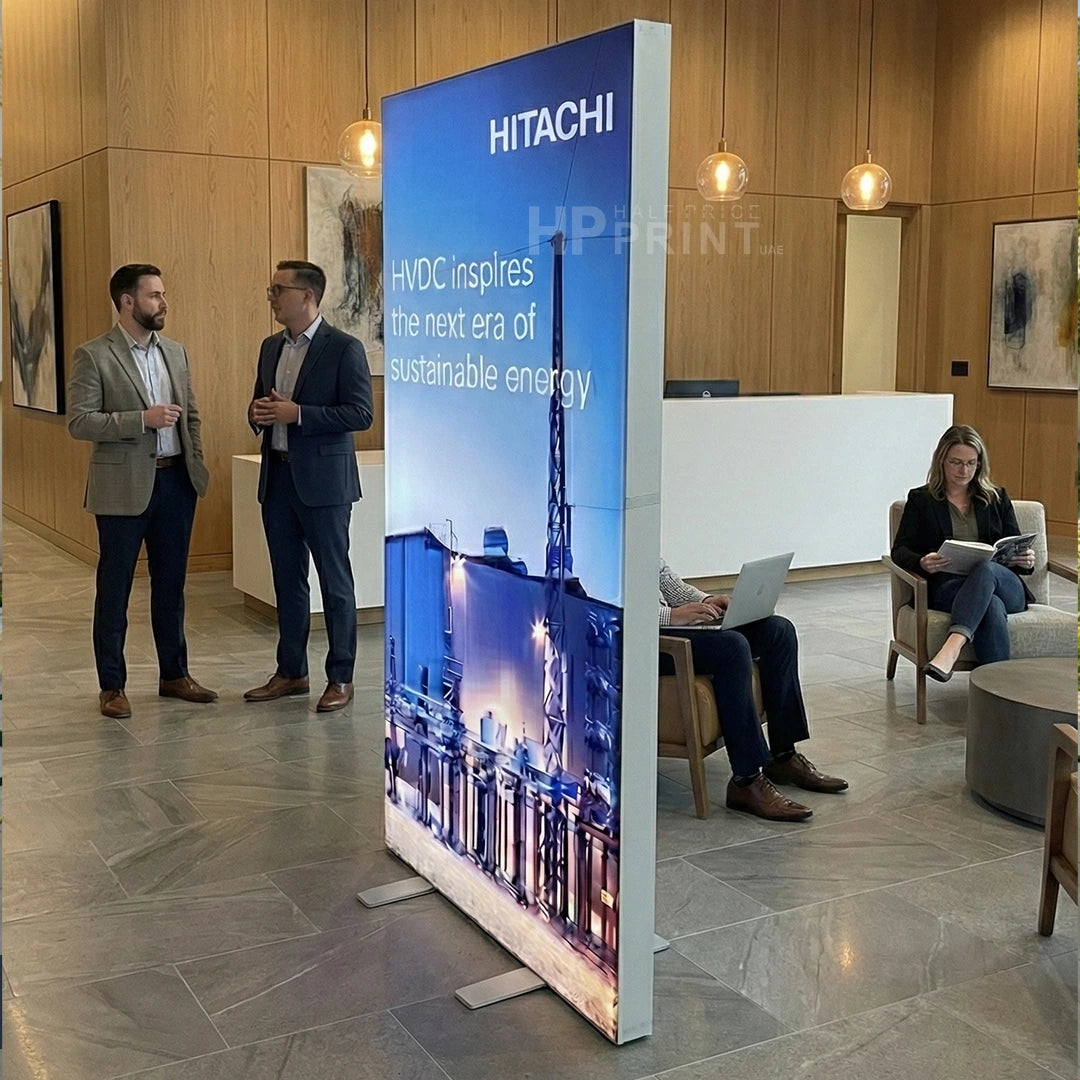 Hitachi backlit standee display in a modern office setting with people interacting.