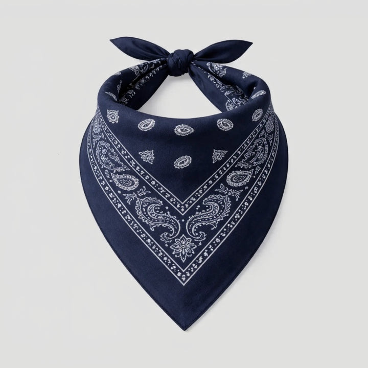 Navy blue bandana with white paisley patterns on a white background