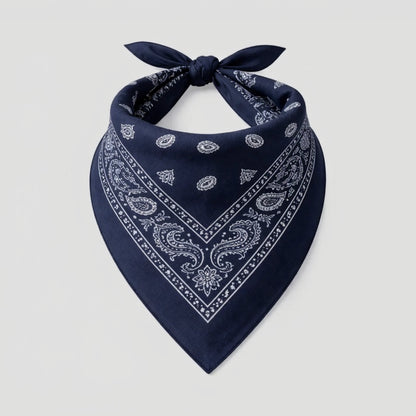 Navy blue bandana with white paisley patterns on a white background