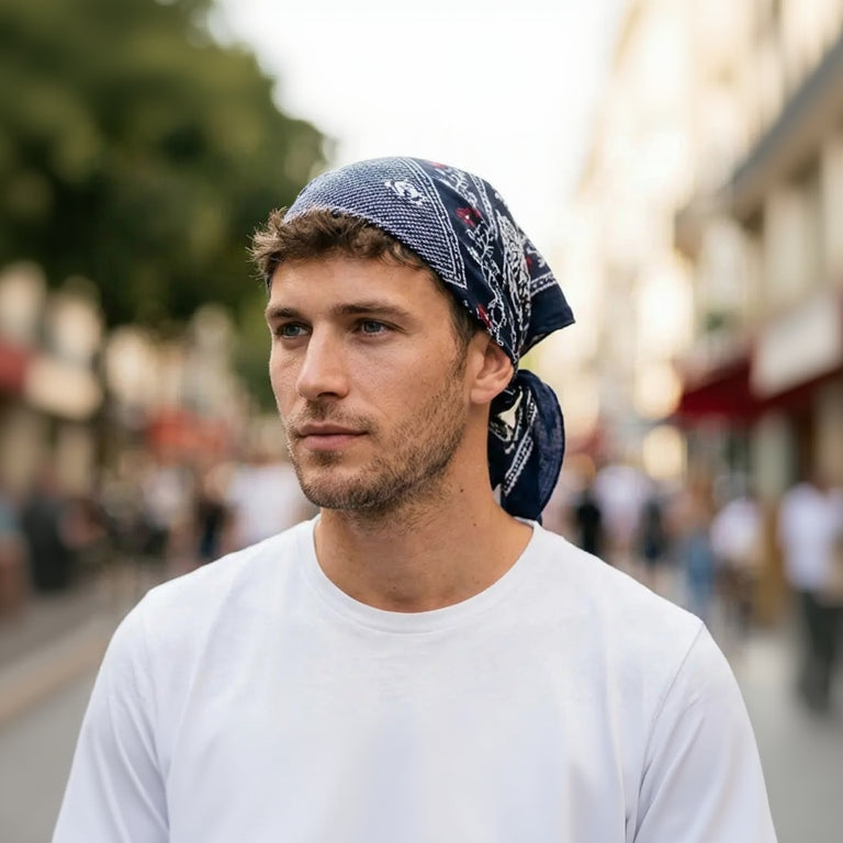 Man wearing a bandana on a city street