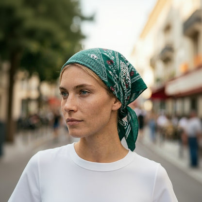 girl wear a green bandana scarf with a blurred street scene in the background