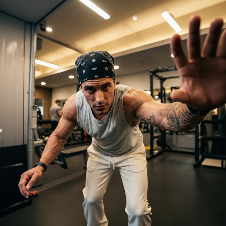 Man in a gym wearing a bandana headband and tank top, reaching out with one arm.