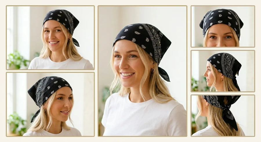 Woman wearing a black patterned bandana scarf in multiple poses with a neutral background