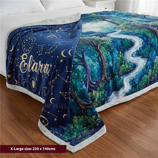Fleece blanket with forest design and 'Elara' branding on a bed.