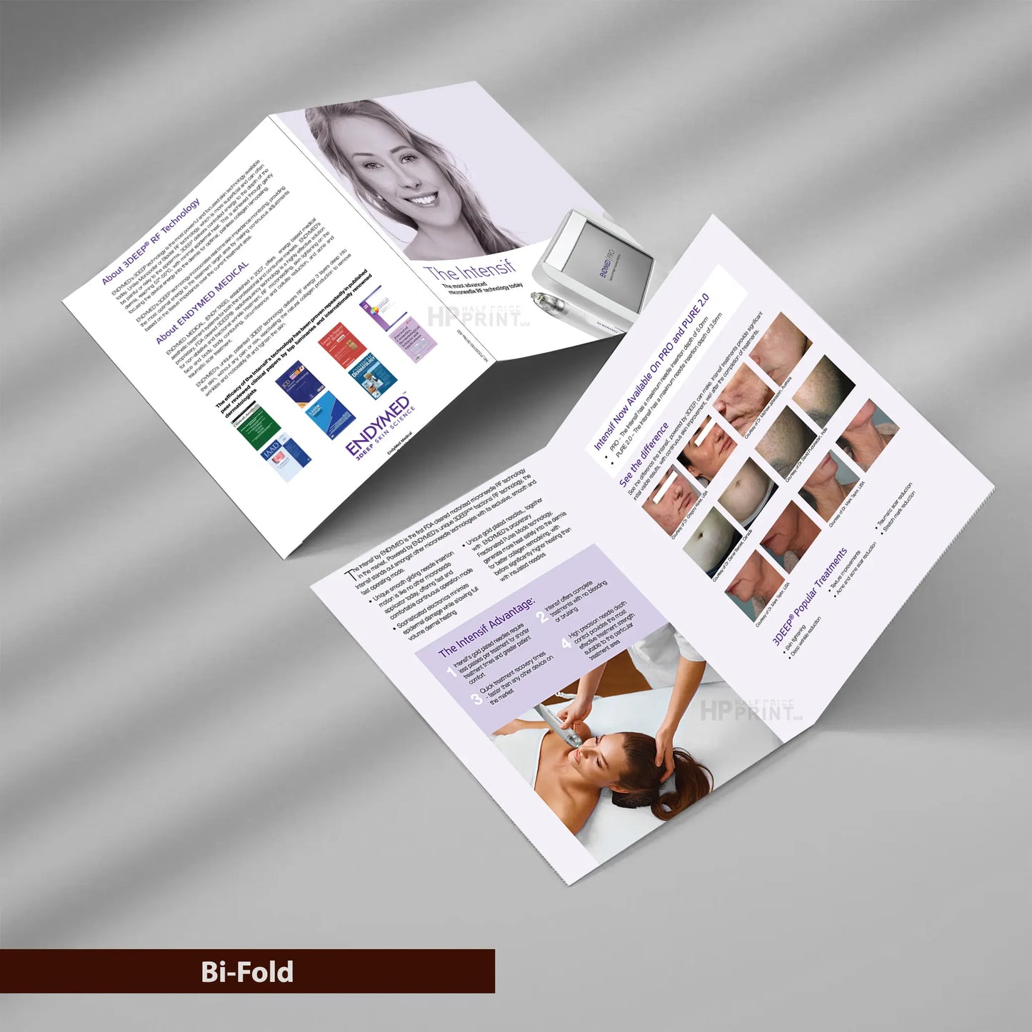 Bi-fold brochure with images and text on a gray background