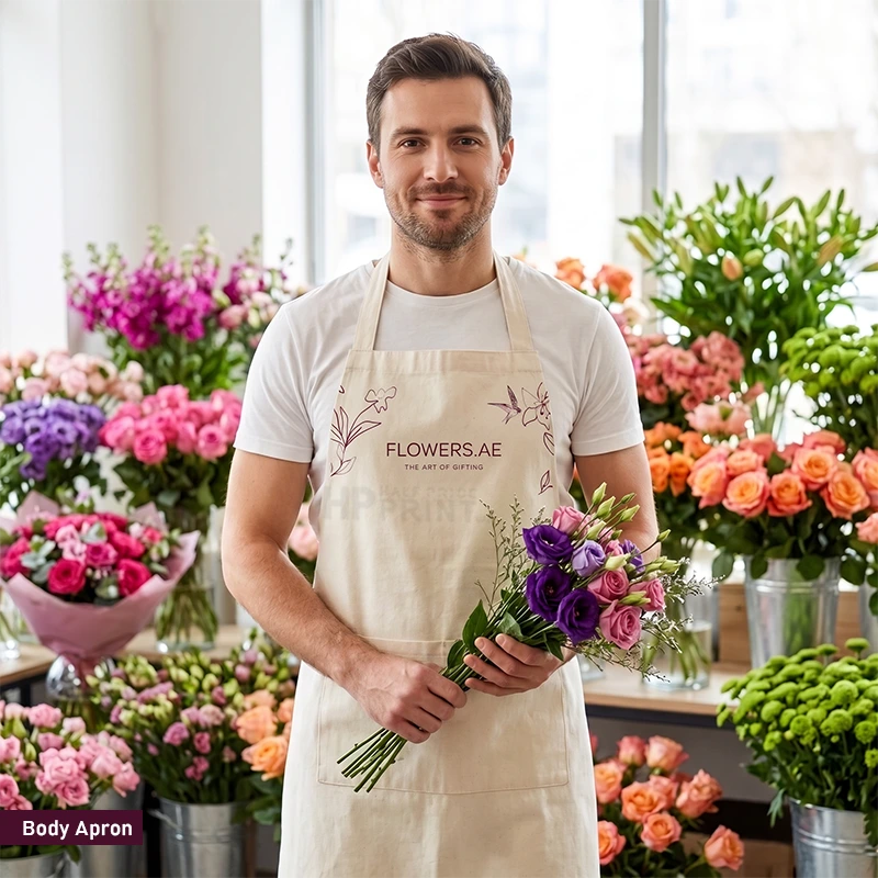 A man wearing a white t-shirt and a beige apron with 'FLOWERS.AE' printed on it, holding a bouquet of purple and pink flowers in a bright flower shop filled with colorful blooms.
