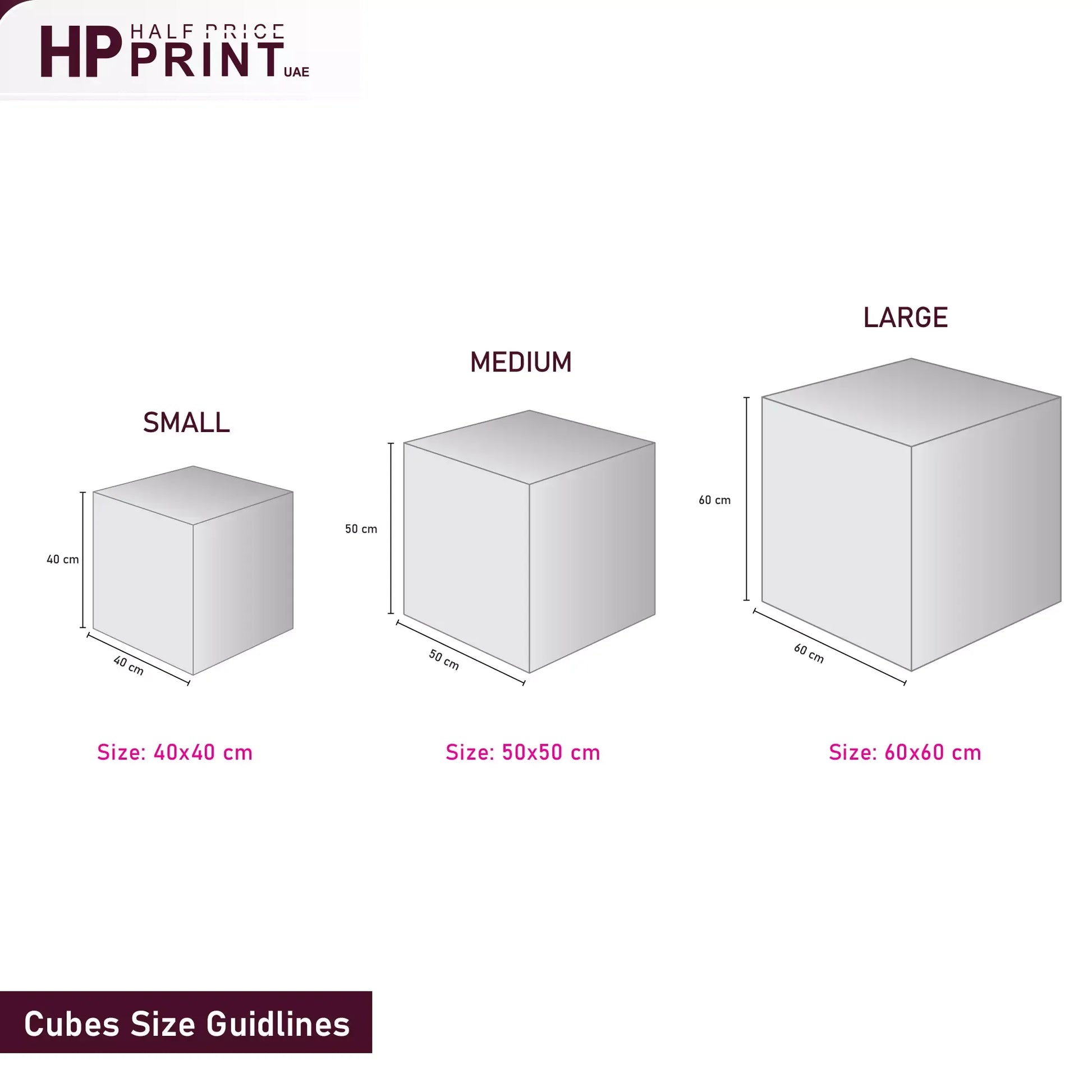 Size guidelines for small, medium, and large cubes with dimensions on a white background.