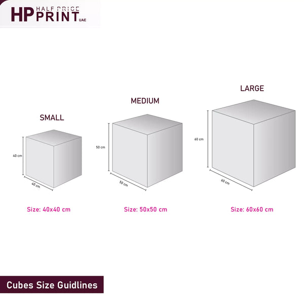 Size guidelines for small, medium, and large cubes with dimensions on a white background.