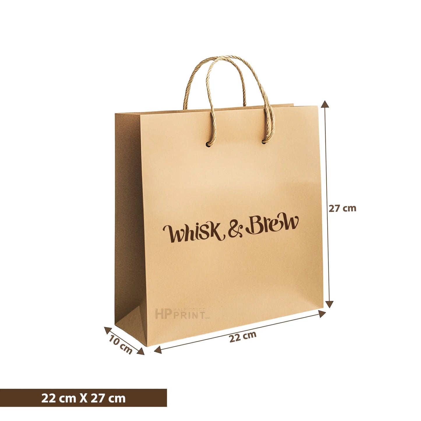 Brown paper bag with 'Whisk & Brew' branding and dimensions on a white background