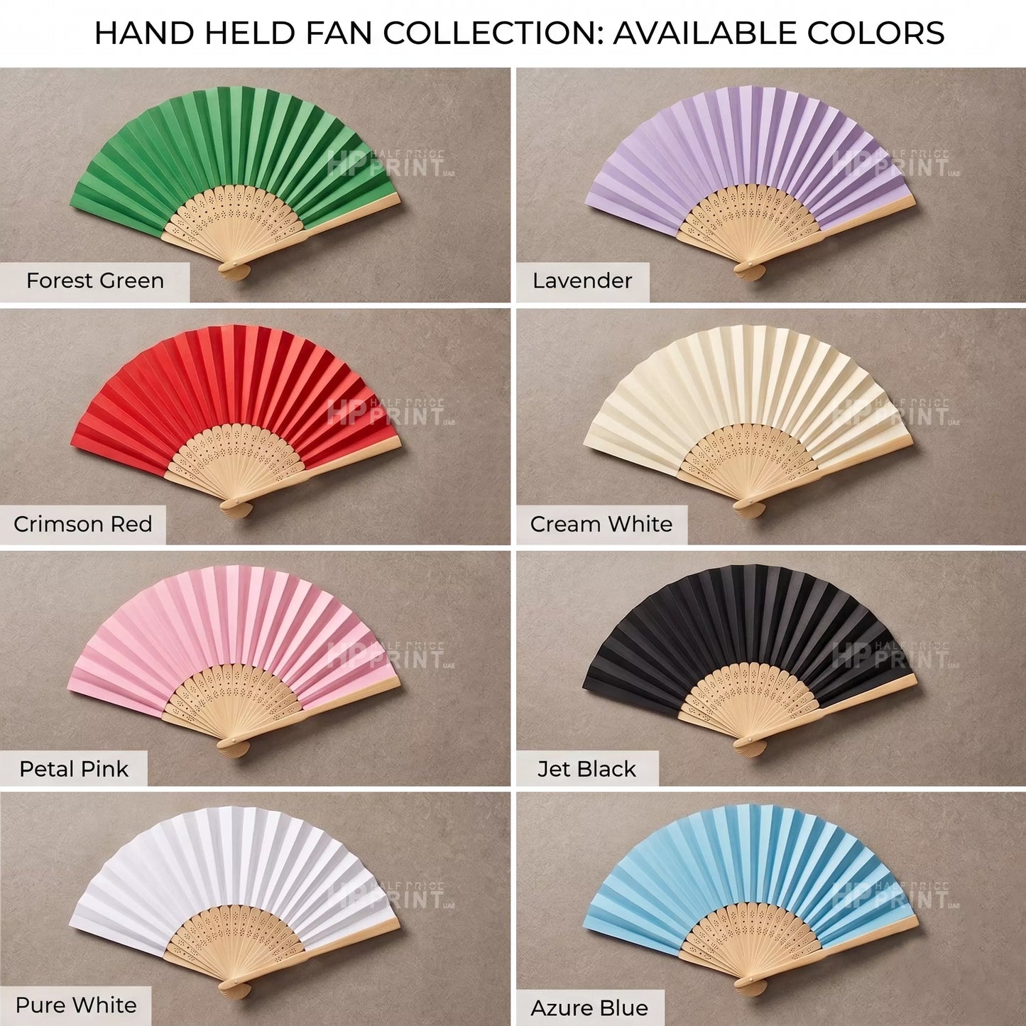 Handheld bamboo fans in various colors on a neutral background