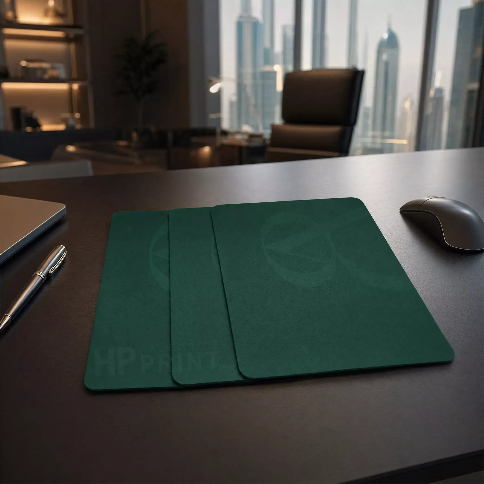 mousepads are displayed in office table.