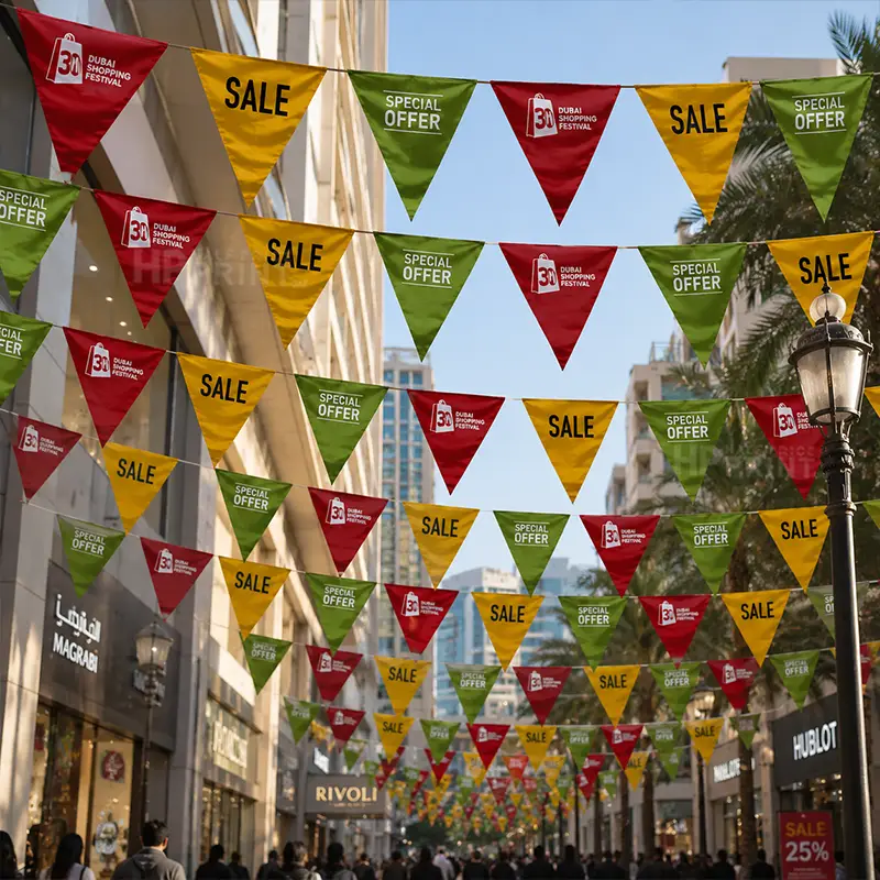 A busy city street decorated with rows of colorful triangular sale bunting flags hanging between buildings. The flags are red, yellow, and green, with 'SALE' and 'SPECIAL OFFER' printed on them.