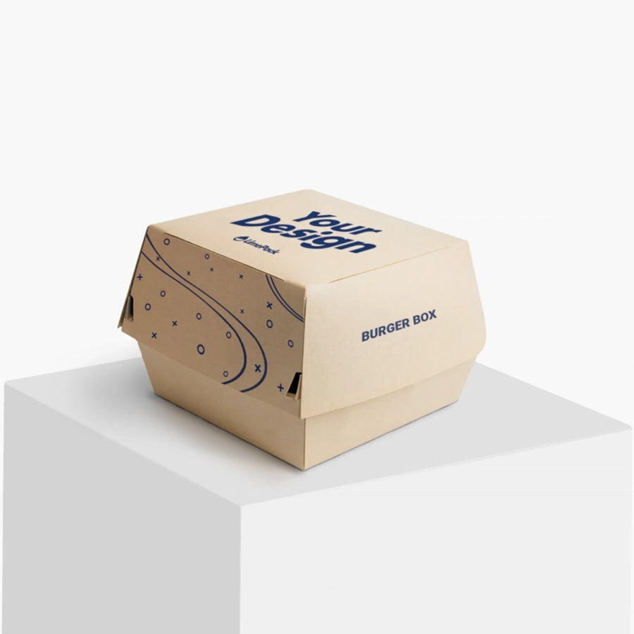 Kraft paper burger box with a custom printed design, shown closed on a white display block against a clean background.