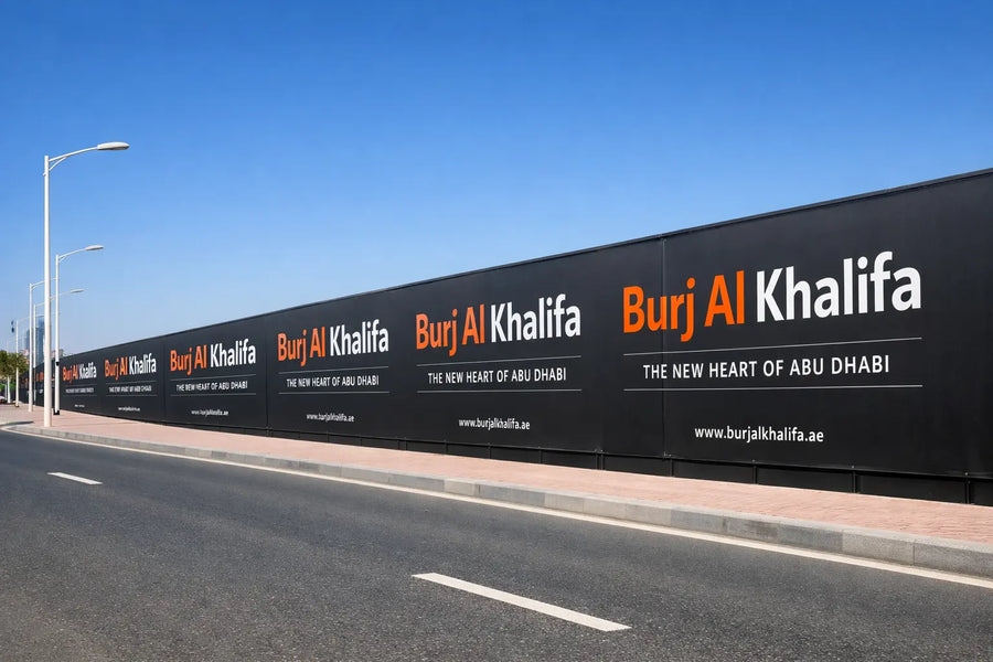Promotional fence banner for Burj Al Khalifa on a wall along a road with clear blue sky.