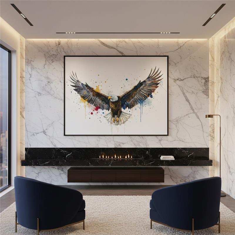Modern living room with marble wall, fireplace, and canvas artwork