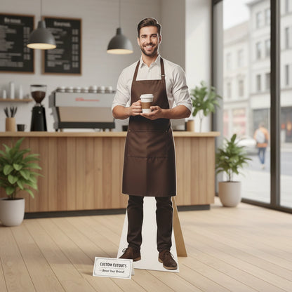 Cardboard cutout of a smiling barista holding a coffee cup in a coffee shop.