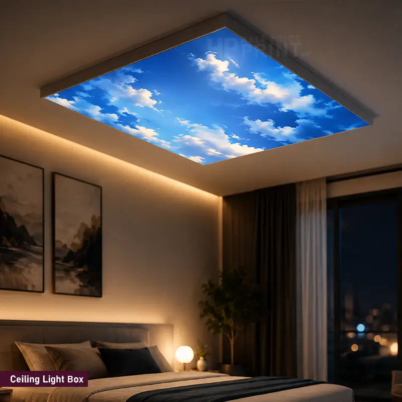 A square ceiling light box installed in a bedroom, displaying a printed sky scene with blue clouds. The room has warm ambient lighting, wall art, a bed, curtains, and a window overlooking a city at night.