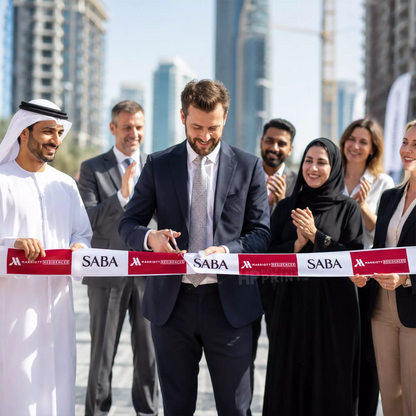 Group of people cutting a ribbon with SABA branding in an urban setting