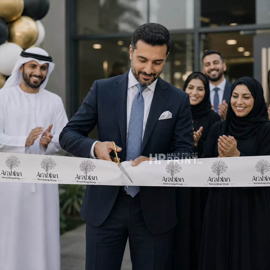 Man cutting a ribbon at an event with people watching, including those in traditional Middle Eastern attire.