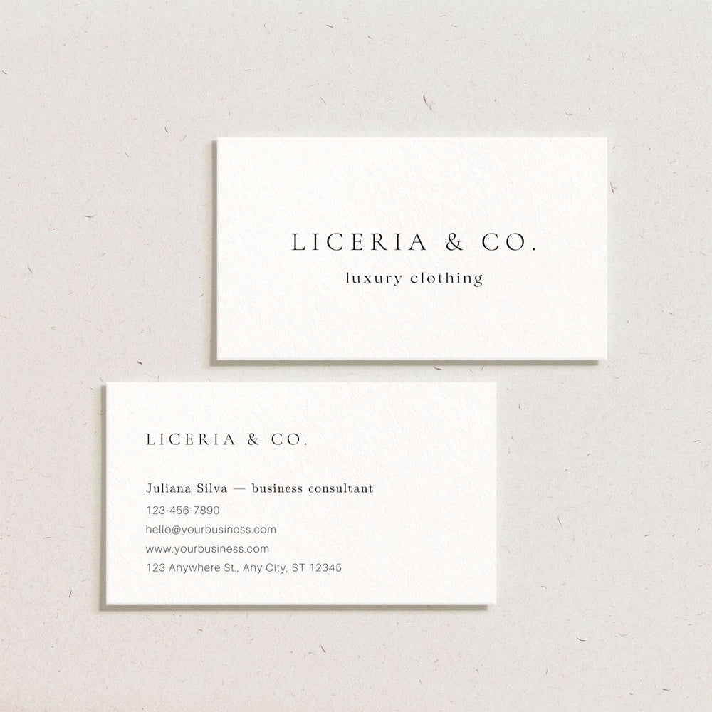 Two business cards for Liceria & Co. on a light gray background