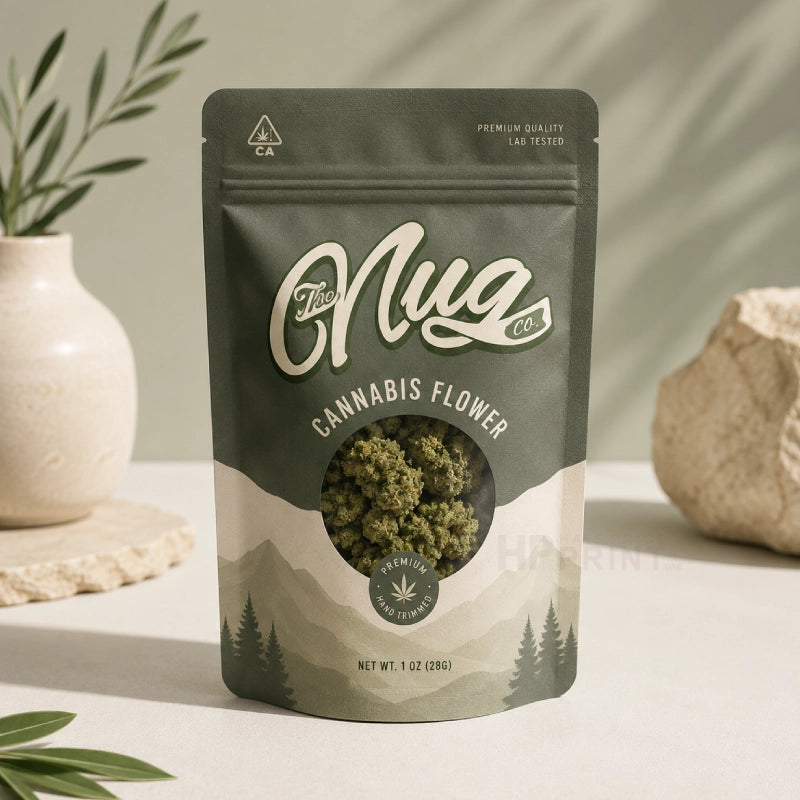 A stand-up pouch of 'The Mug Co.'s Premium Quality Lab Vetted Cannabis Flower, displayed on a light beige surface with a ceramic vase and stone props in the background.