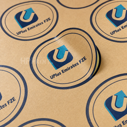 A close-up of a brown kraft paper surface printed with repeated oval UPlus Emirates FZE logos in blue and white, with one central logo slightly raised.