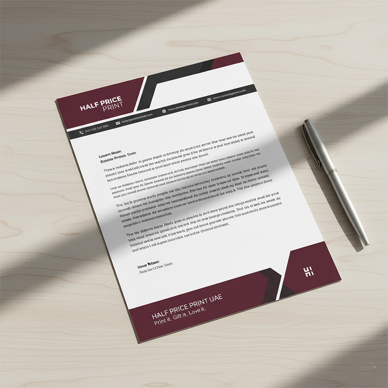 Letterhead with maroon and black design on a wooden surface