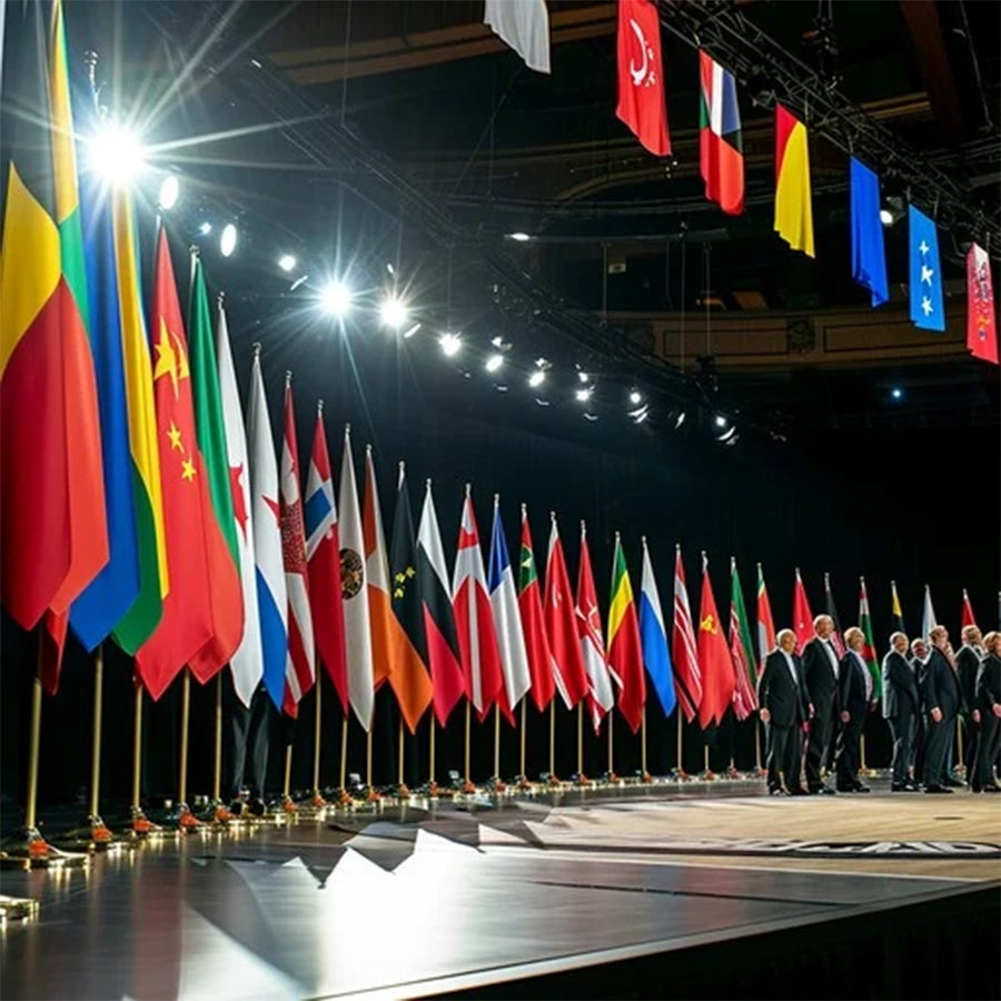 A row of various national Conference flags displayed on a stage with spotlights overhead.