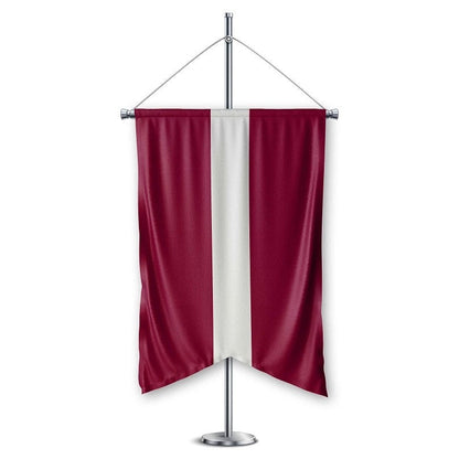 A custom hanging conference flag with a silver metal base and poles, featuring a white and red flag design.