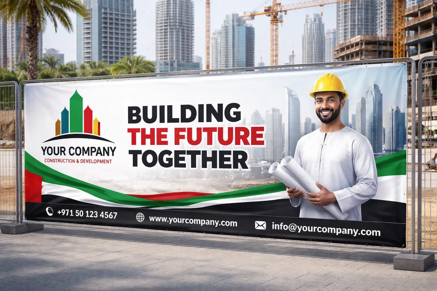 Construction company fence banner with a man holding blueprints and city skyline in the background