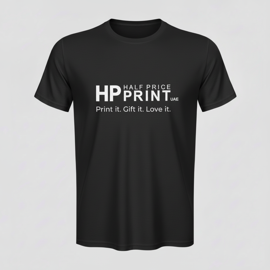 Black t-shirt with Half Price Print Logo on a gray background