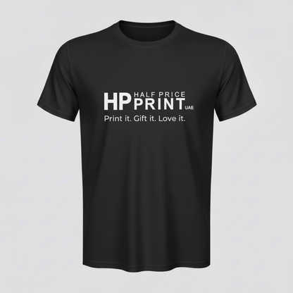 Black t-shirt with Half Price Print Logo on a gray background