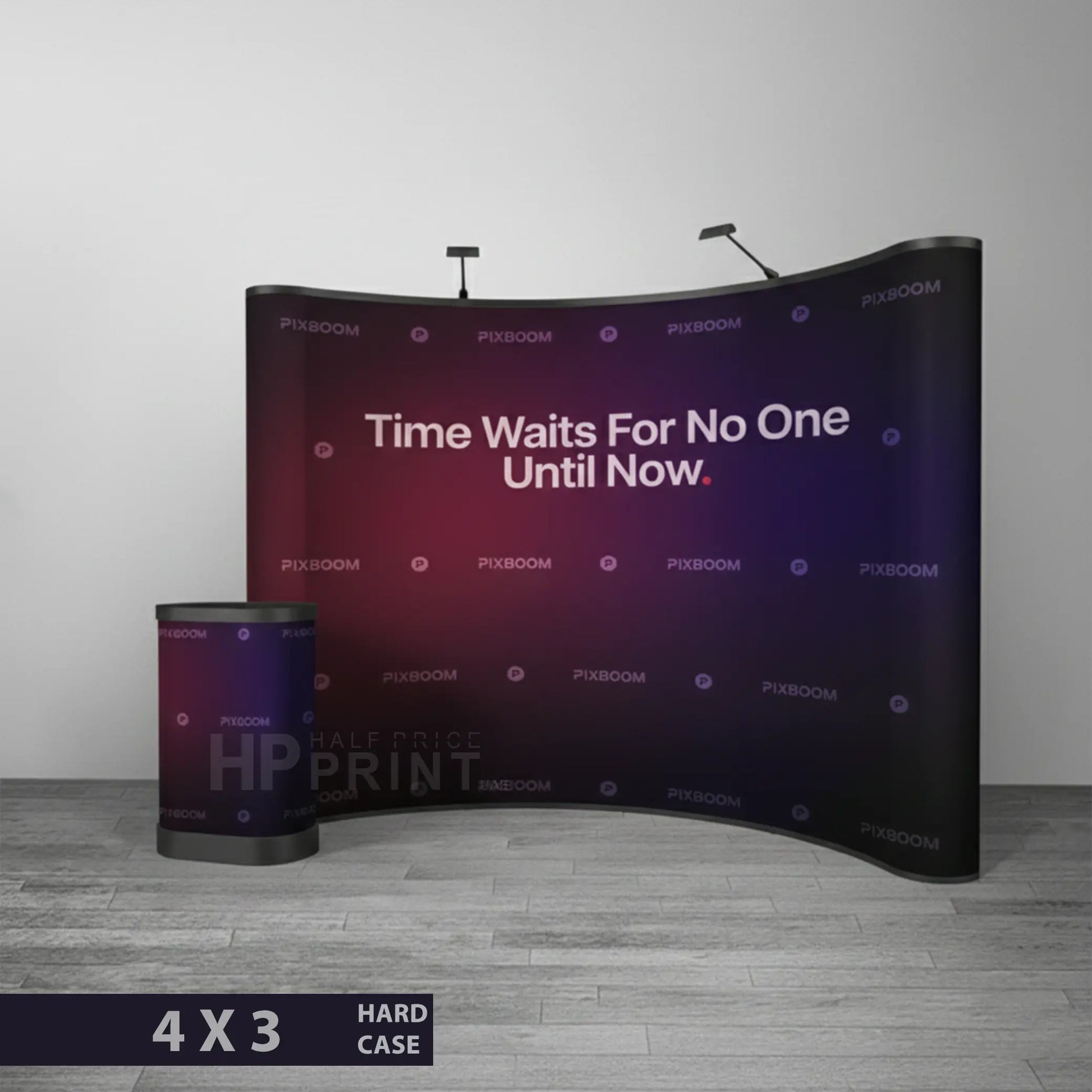 Portable display pop up stand with 'Time Waits For No One Until Now' text on a gray background