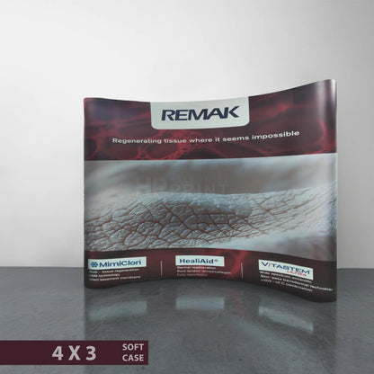 Promotional material for REMAK with branding on pop up curved display