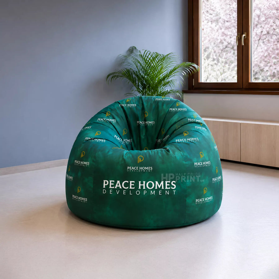 Green bean bag chair with 'Peace Homes Development' branding in a room with a window and plant.