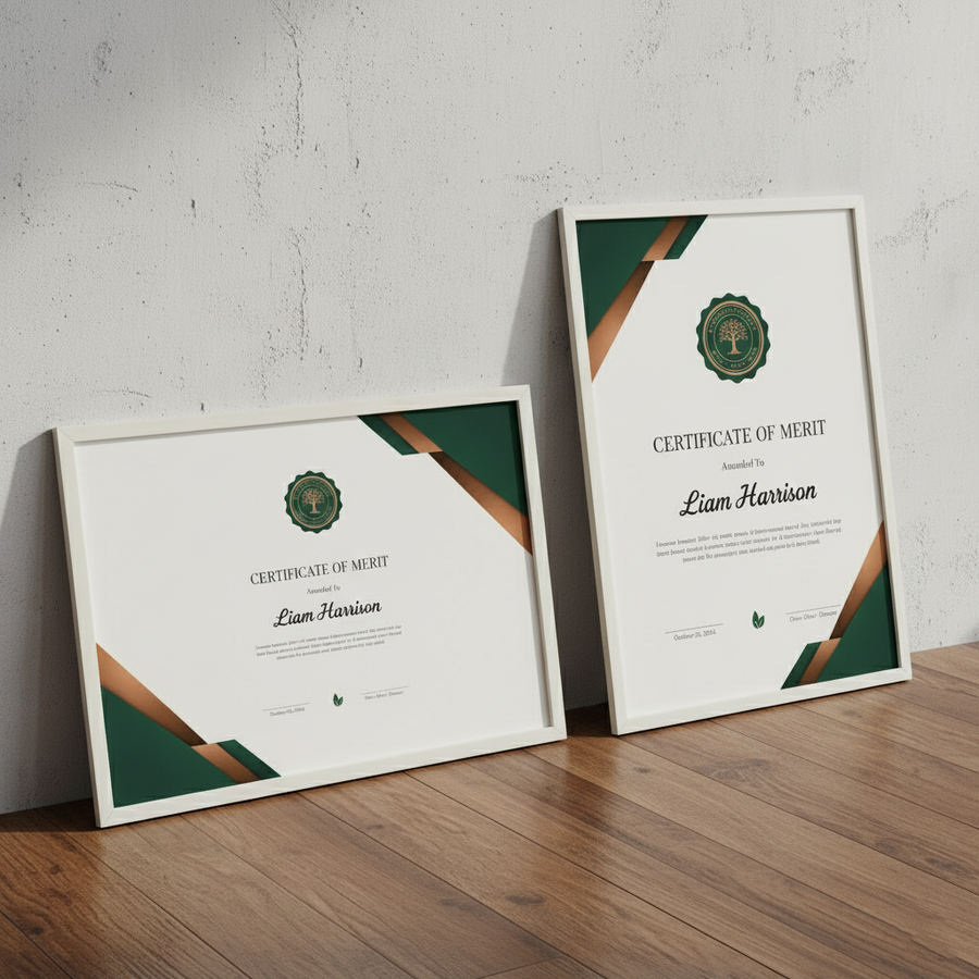 Two framed certificates of merit on a wooden surface with a gray wall background
