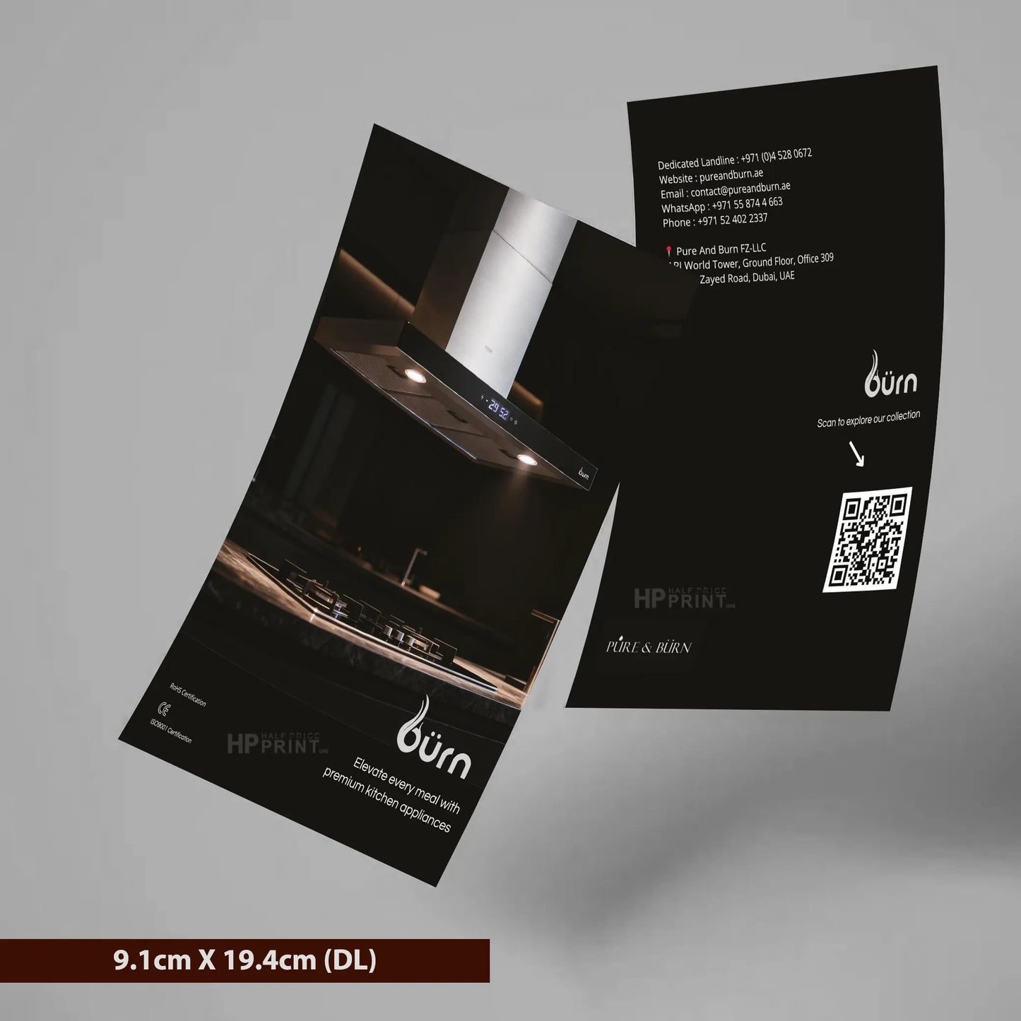 Two black brochures with 'bürn' branding on a gray background