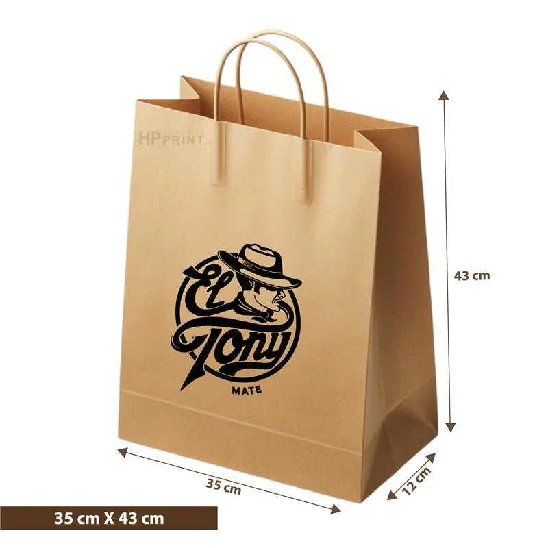 Brown kraft paper bag with a logo and measurements on a white background