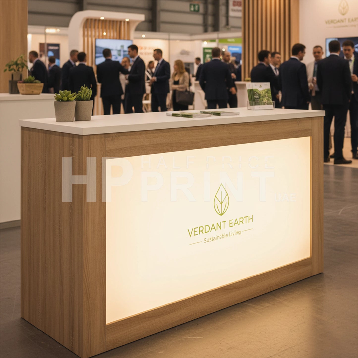Wooden reception desk with 'Verdant Earth' logo at a trade show.